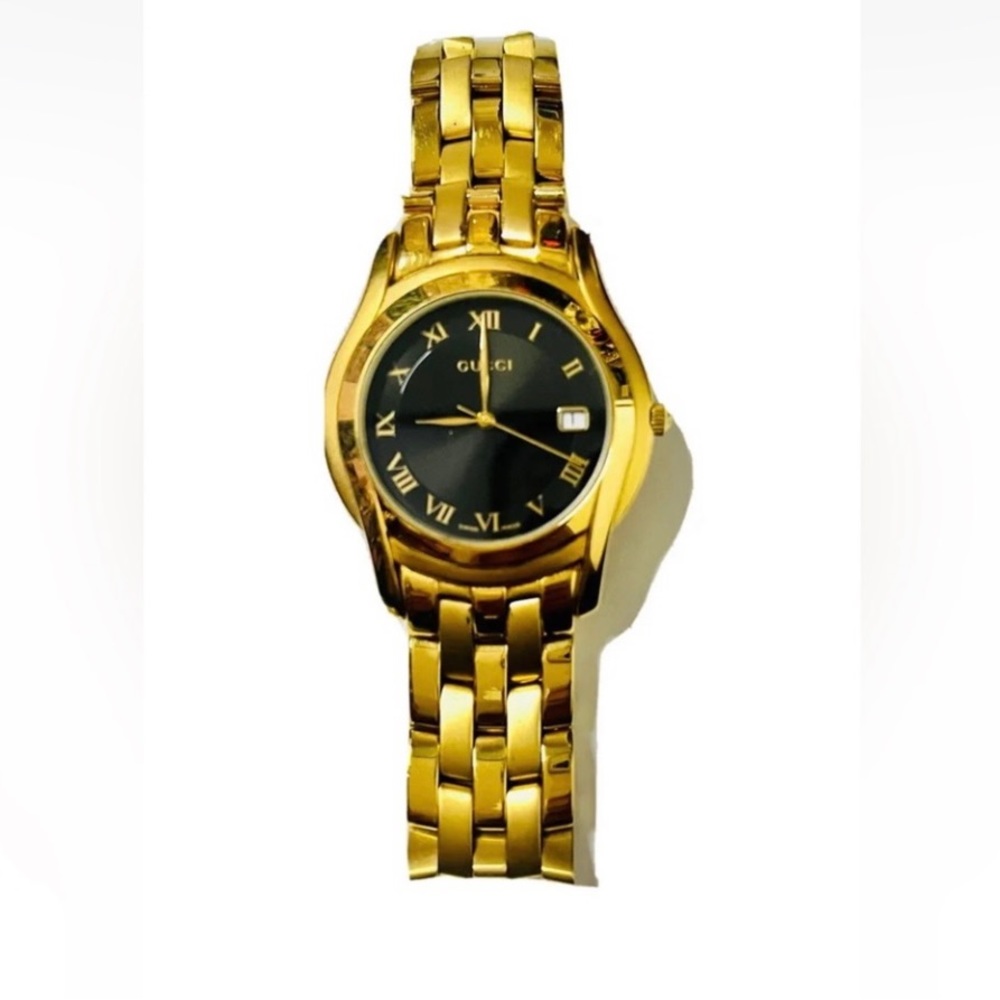 100% Authentic Men's Gucci 5400M Swiss Date Gold Plated Watch with Black Dial